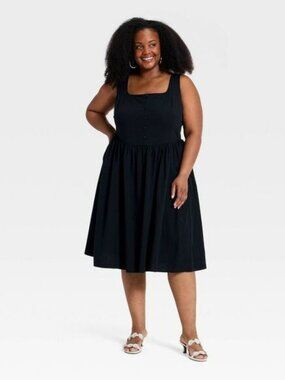 Ava & Viv - Women's Plus Sleeveless Button-Front Midi A-Line D Black